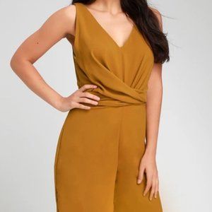 Lulu’s Won and Done Mustard Yellow Twist-Front Culotte Jumpsuit, S